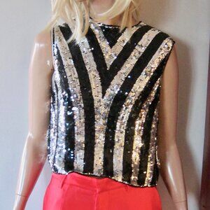 Vintage 60s HEFTCO Hand Sewn Black & Silver Block MOD RETRO COCKTAIL SHELL TOP